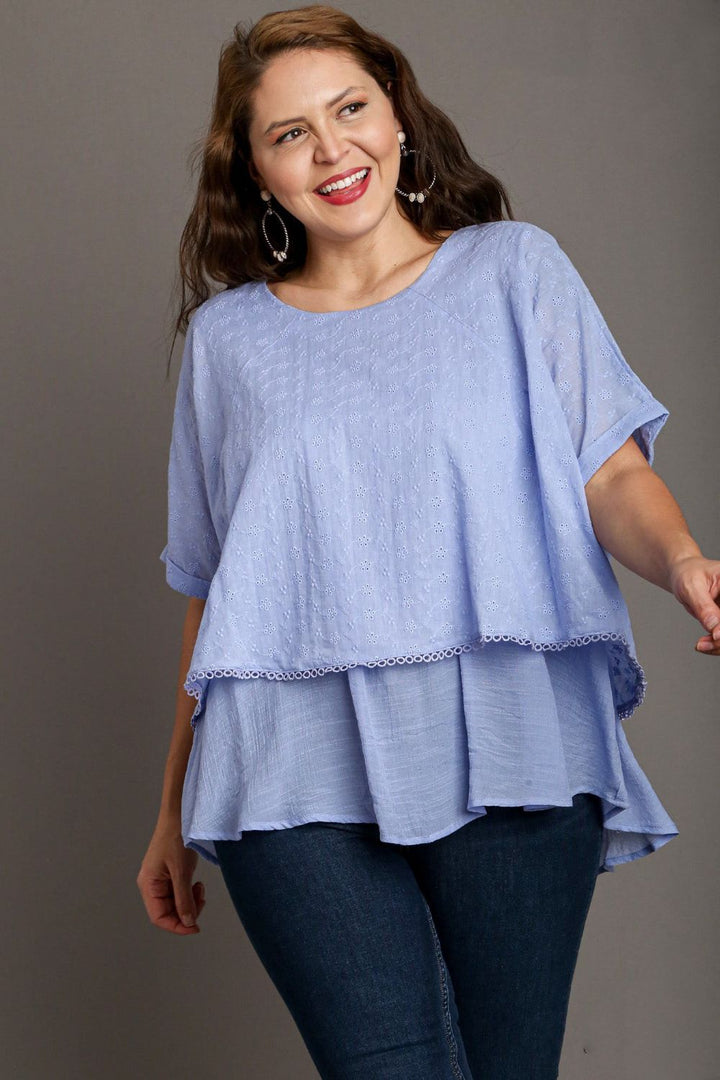 Light Blue Umgee Full Size Eyelet Layered Short Sleeve Blouse Plus Size