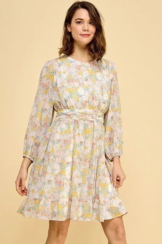 Blue Floral Lime N Chili Chiffon Floral Print Belted Dress With Back Zipper