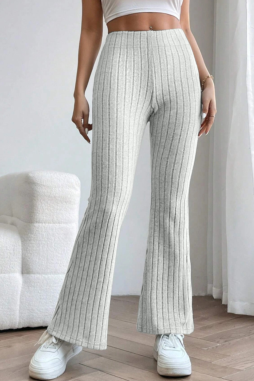 Light Gray Basic Bae Full Size Ribbed High Waist Flare Pants