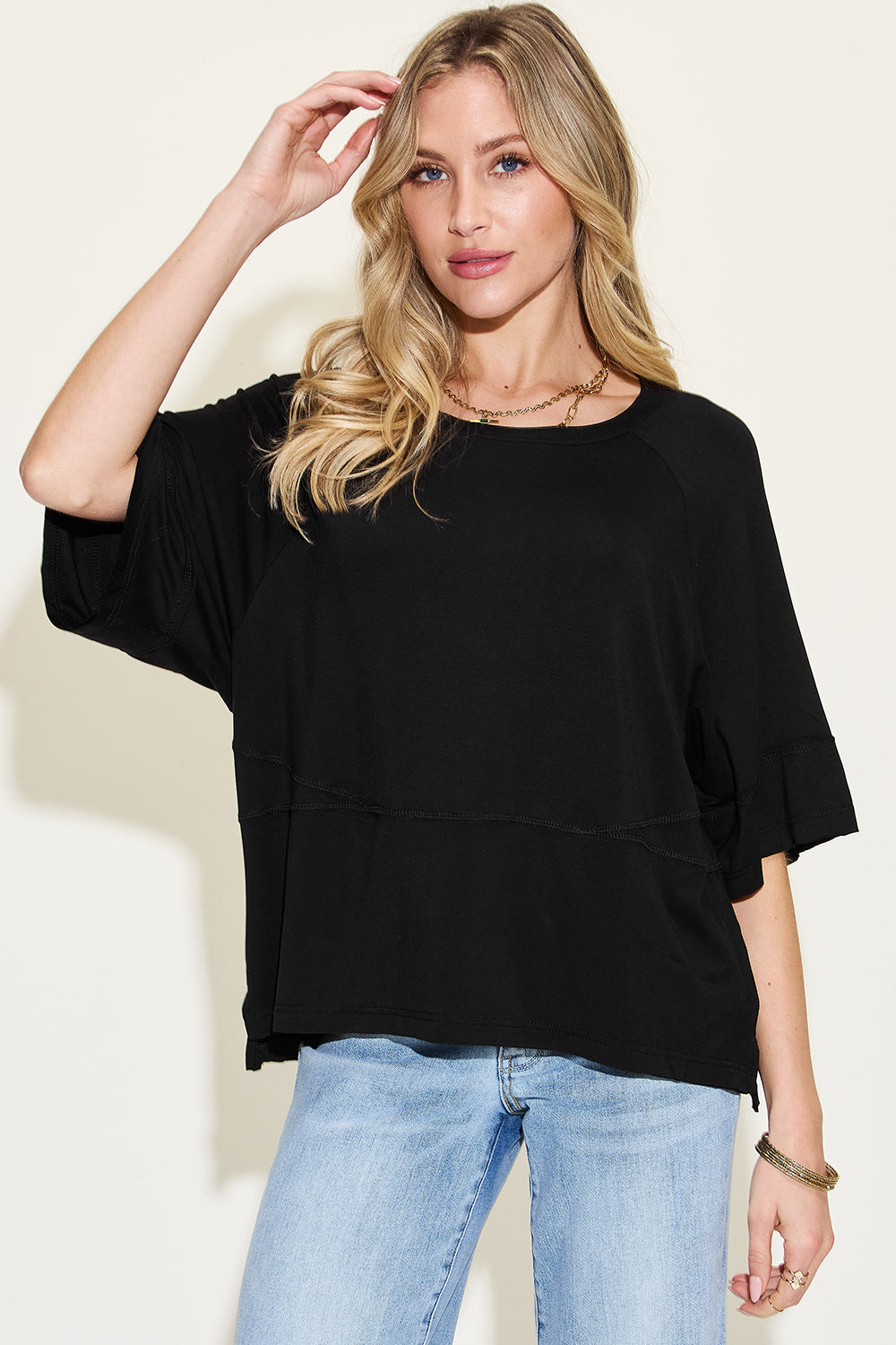 Tiffany Blue Basic Bae Full Size Bamboo Round Neck Exposed Seam T Shirt