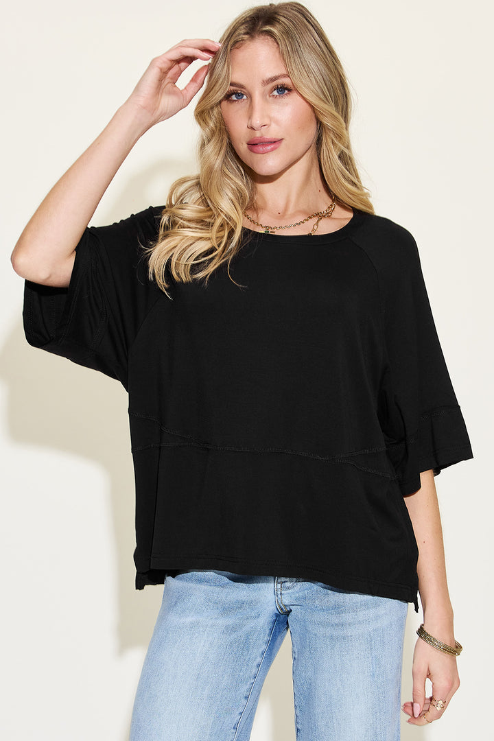 Tiffany Blue Basic Bae Full Size Bamboo Round Neck Exposed Seam T Shirt