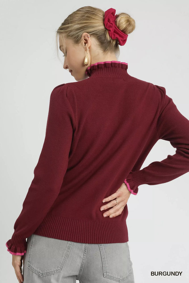 Burgundy Umgee Ribbed Round Neck Sweater With Ruffle Contrast Trim 1