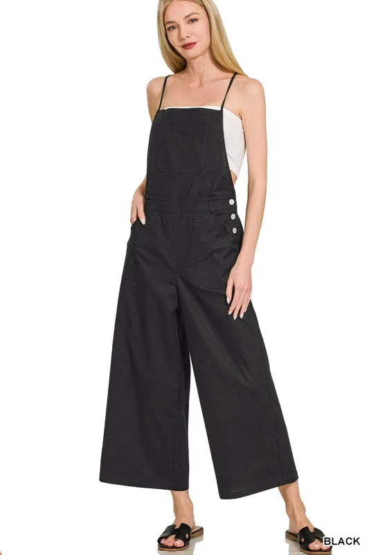 Black Zenana Woven Spaghetti Strap Overalls 1