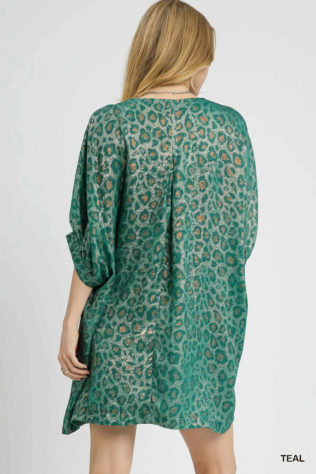 Teal Umgee Metallic Leopard Print V Neck Kimono Dress 1