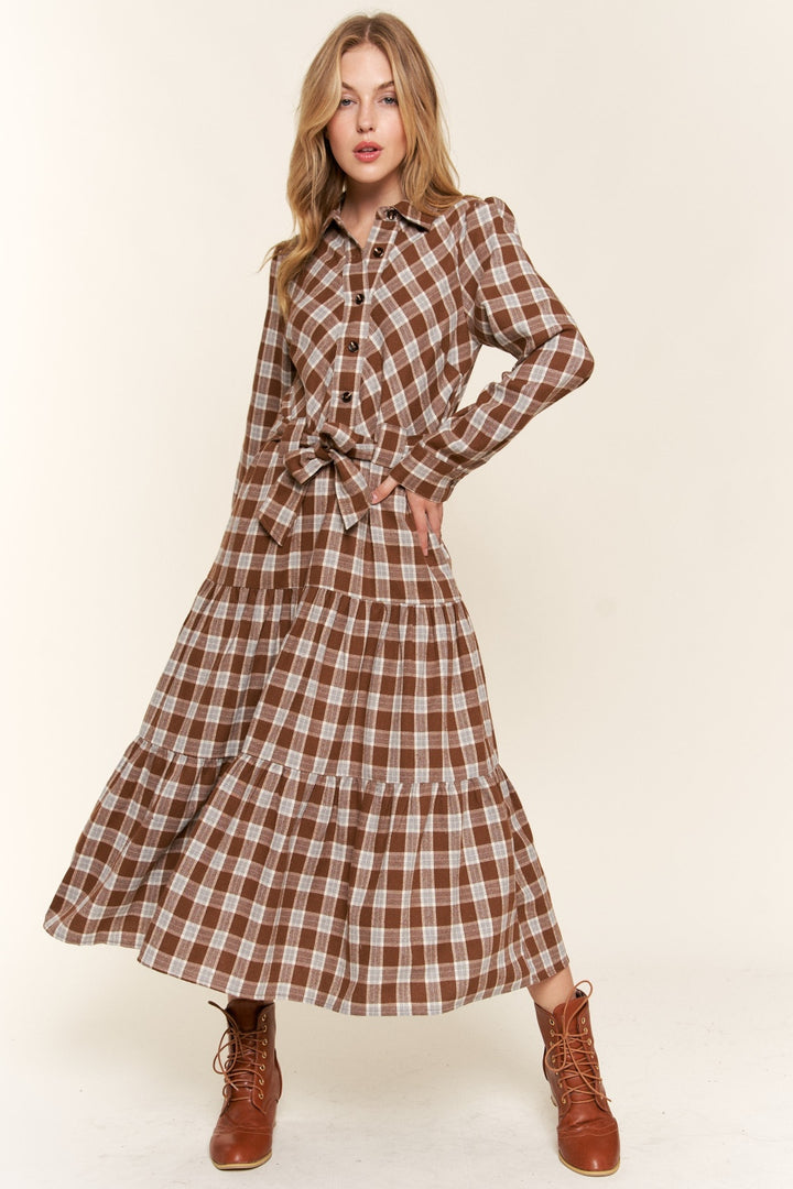 Brown And The Why Plaid Tiered Midi Shirt Dress