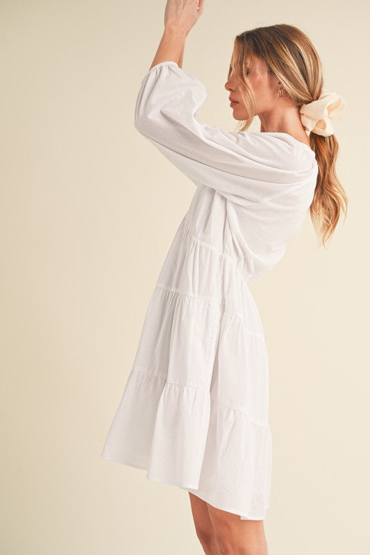 White Aemi Co Notched Balloon Sleeve Tiered Mini Dress