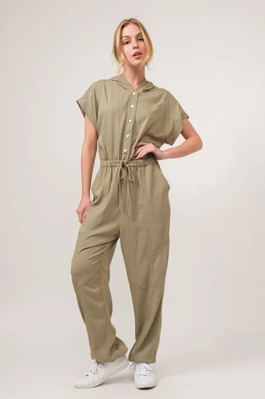 Olive And The Why Washed Short Sleeve Hooded Jumpsuit
