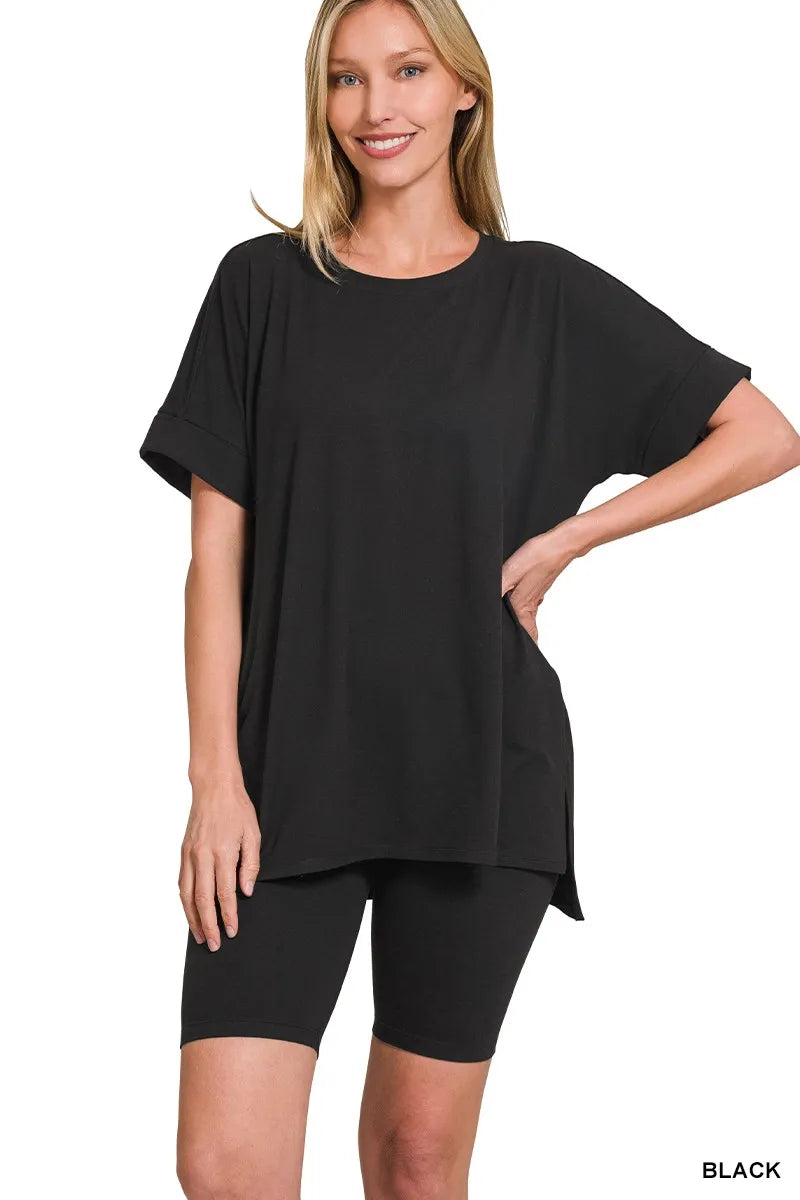 Black Zenana Brushed Dty Microfiber Round Neck Top And Biker Shorts Set