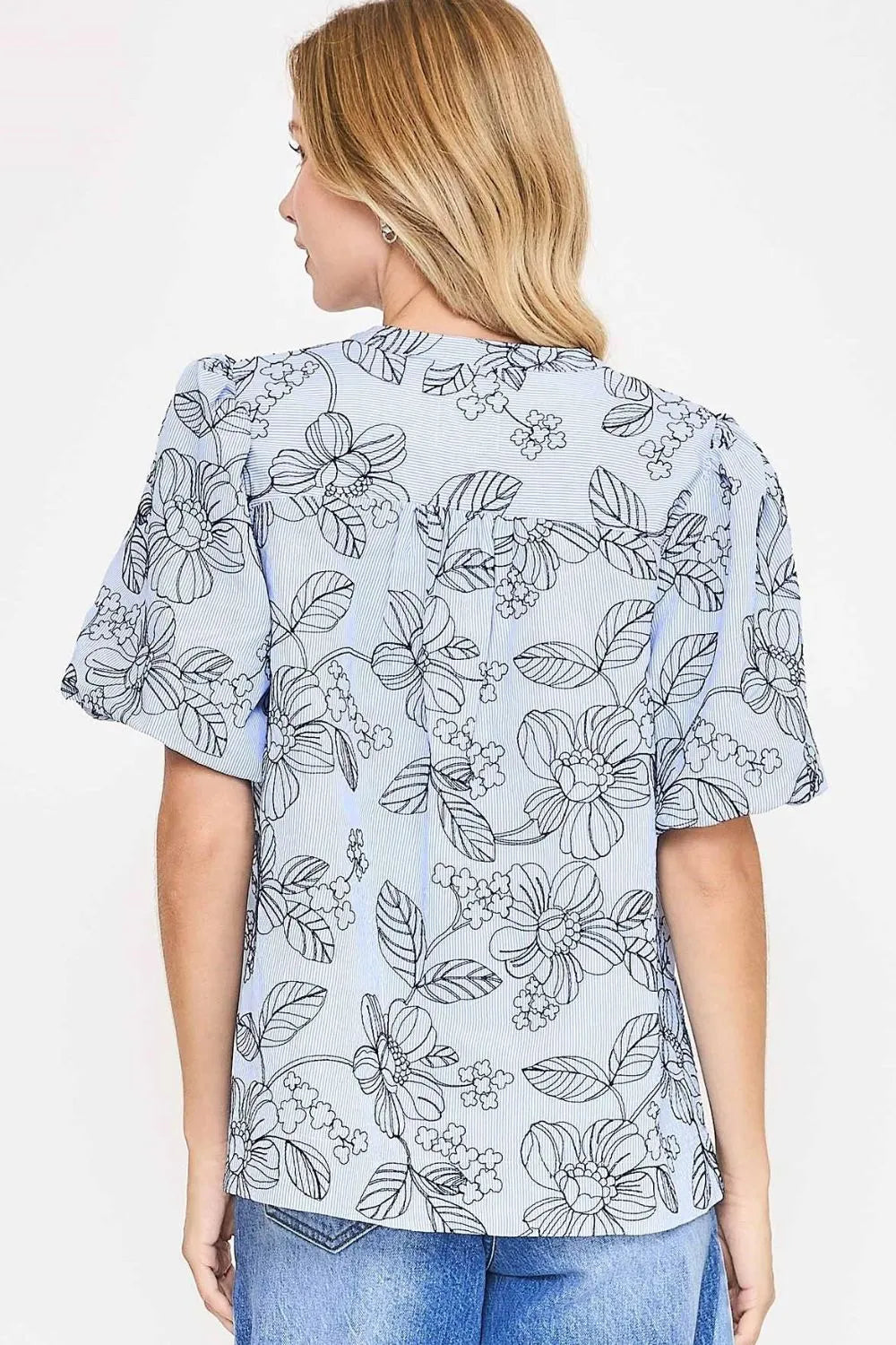 Pastel  Blue Umgee Floral Print Puff Sleeve Casual Blouse