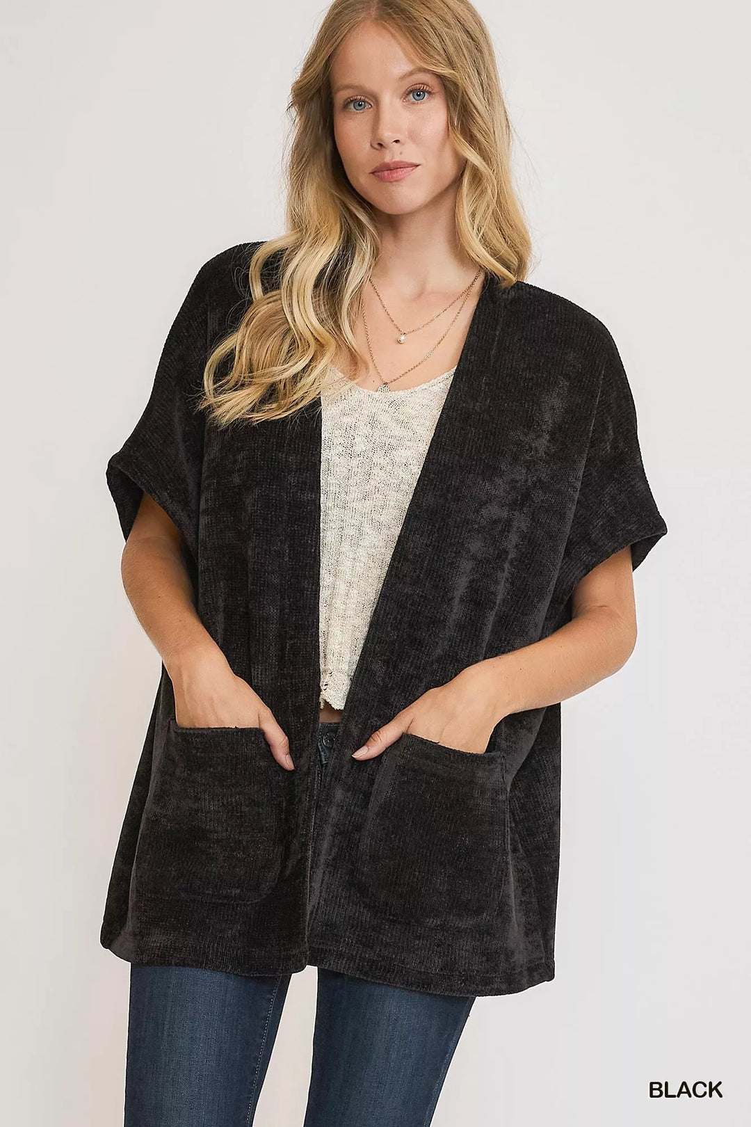 Black Umgee Open Front Knit Cardigan With Front Pockets