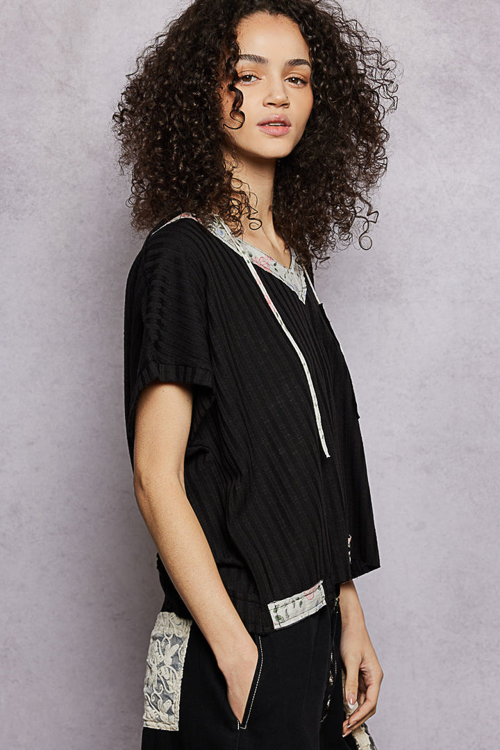 Black Pol Short Sleeve Hooded Top With Back Open Detail 1