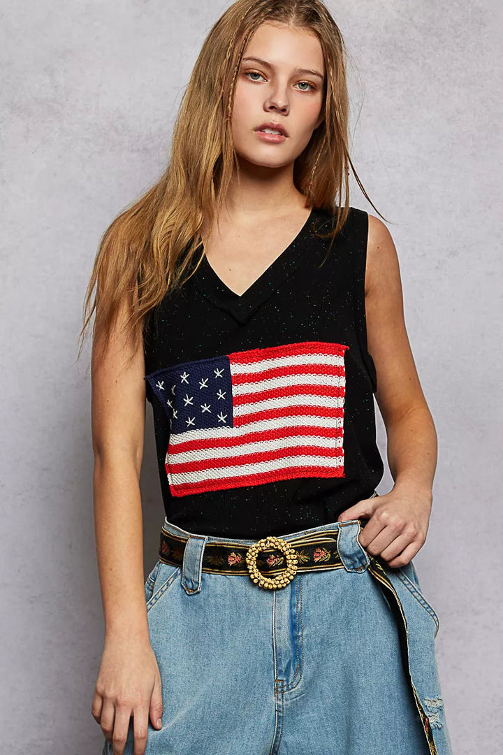 Black Pol V Neck Ribbed Tank With American Flag Patch And Star Back Patch 1