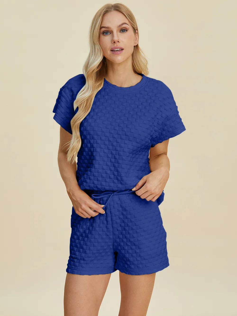 Royal Blue Double Take Full Size Texture T Shirt And Shorts Set