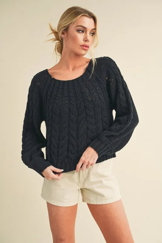 Black Aemi Co Cable Knit Openwork Round Neck Sweater