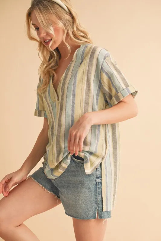 Aemi Co Side Slit Striped Short Sleeve Blouse