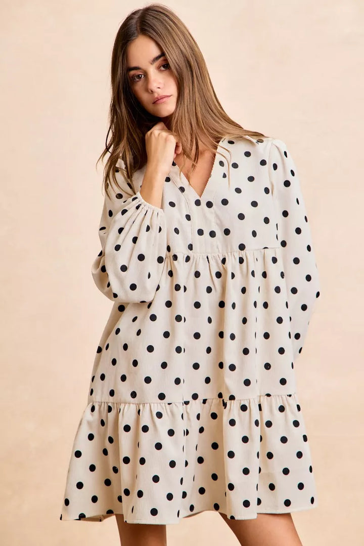 Ivory/Black Bibi Polka Dot Corduroy Collared V Neck Dress