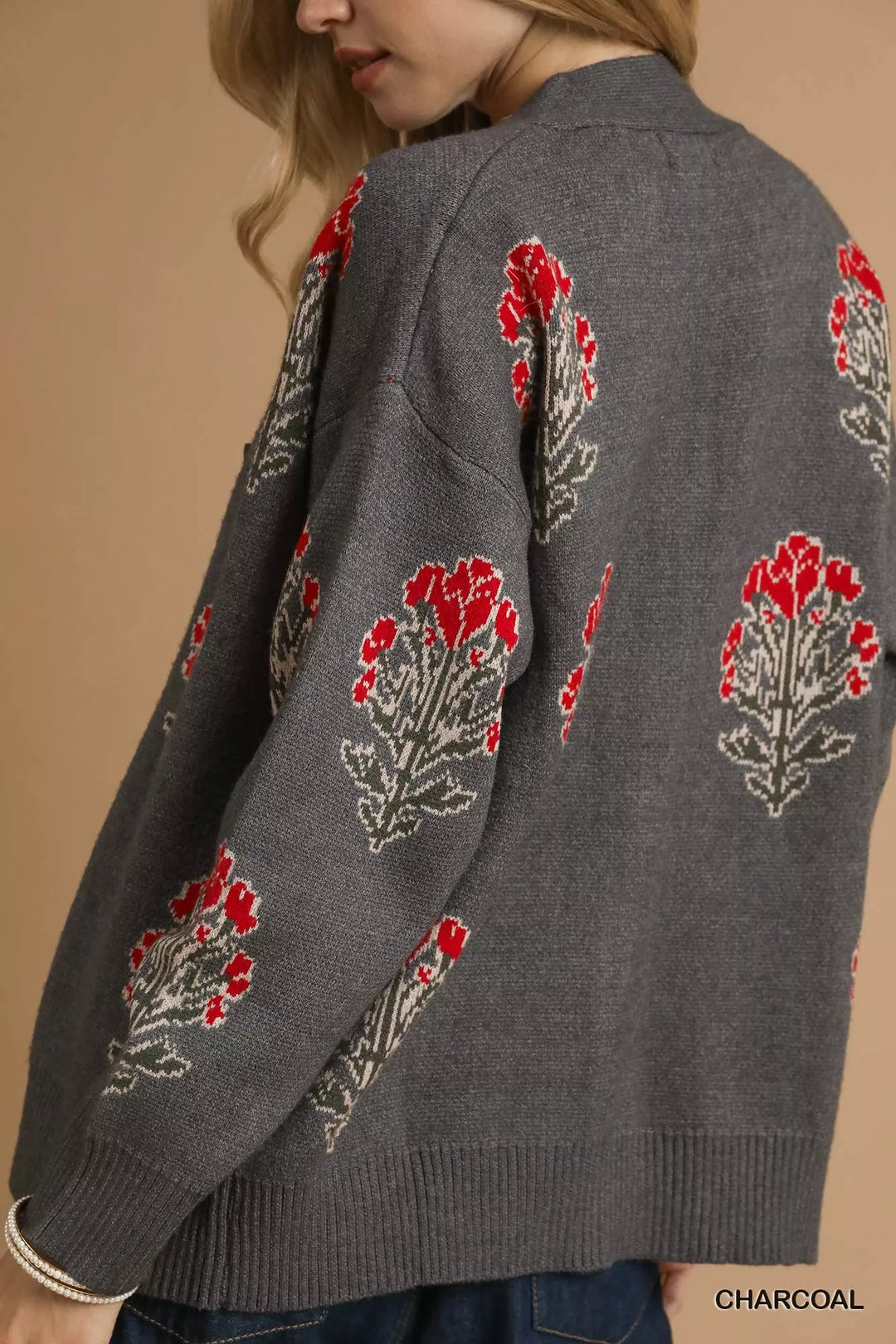 Umgee Single Flower Stem Jacquard Cardigan Sweater 1