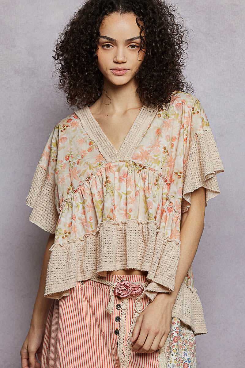 Almond Pol Floral Print V Neck Woven Blouse With Gentle Gathers