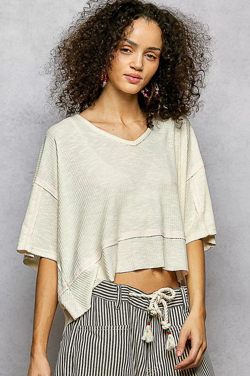 Pol Short Sleeve Ccopped Rib T Shirt With Contrast Stitch Detail