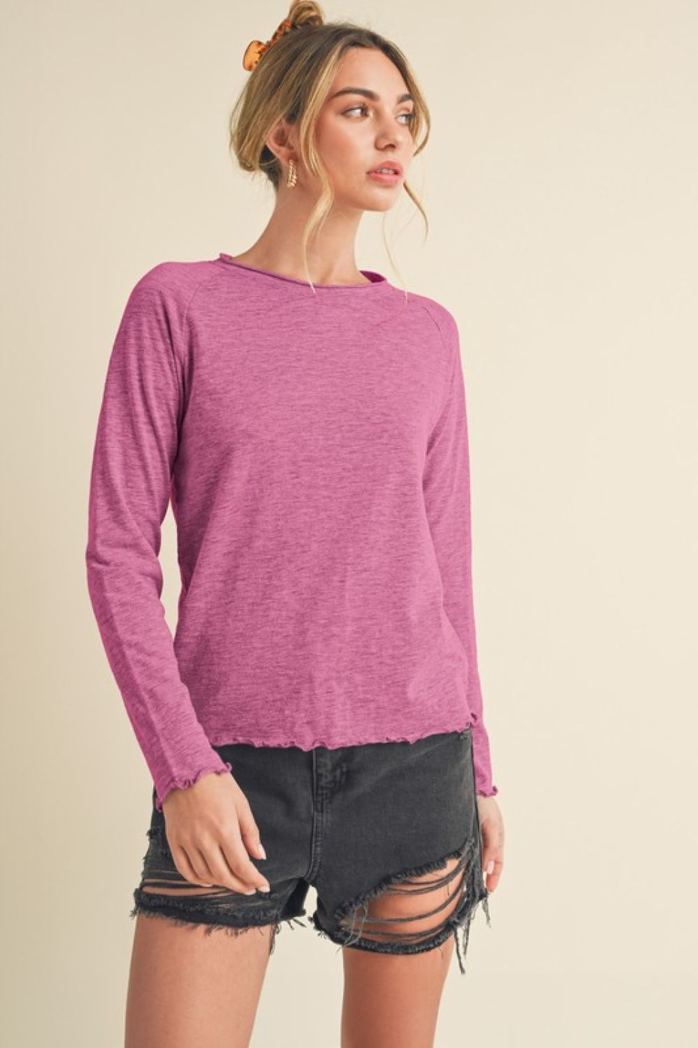 Red-Violet Aemi Co Lettuce Hemline Round Neck Raglan Sleeve T Shirt