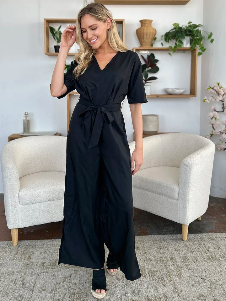 Double Take Full Size V Neck Tied Side Slit Jumpsuit