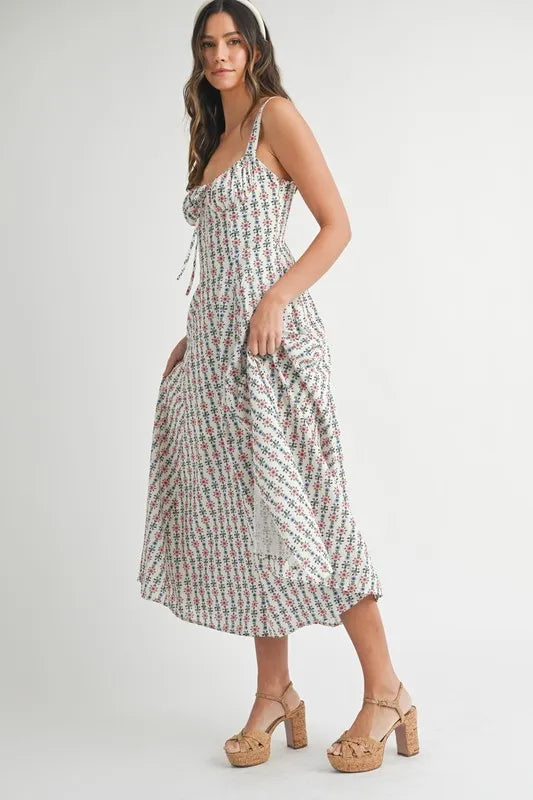 Mable Floral Print Bustier Back Lace Up Midi Dress 1