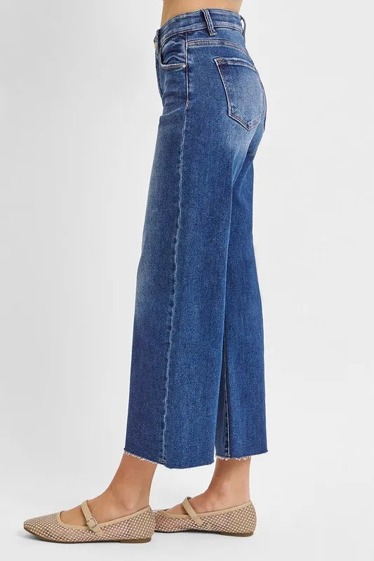 Dark Risen Raw Hem Wide Leg Cropped Jeans