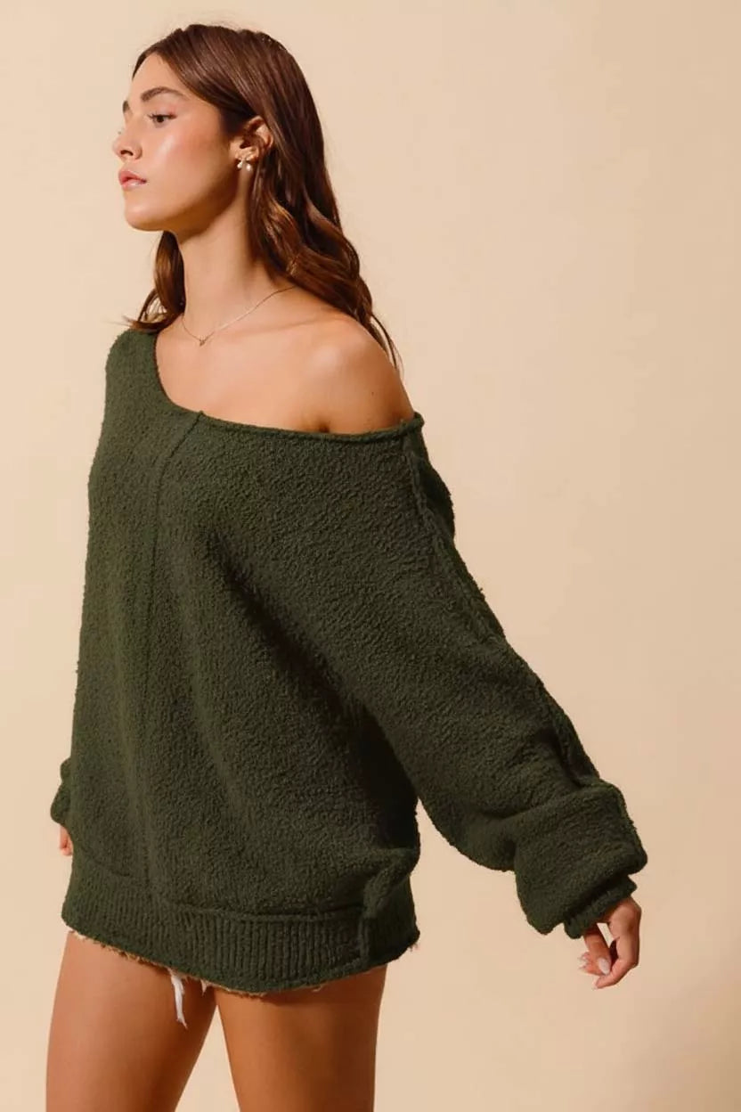 Olive So Me Loose Fit Exposed Seam Slouchy Boucle Sweater
