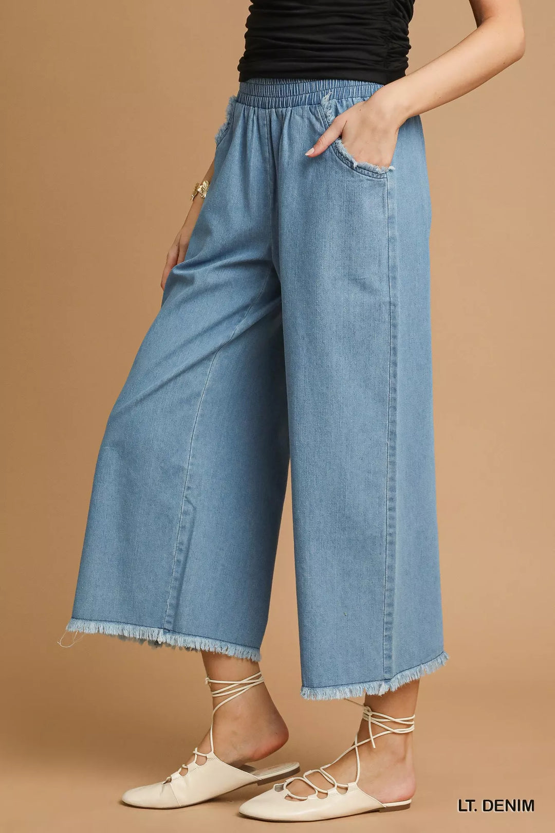 Lt. Denim Umgee Washed Fringe Hem Wide Leg Jeans