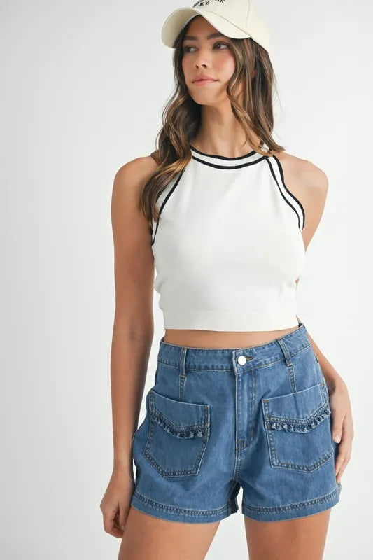 Off White Mable Contrast Trim Grecian Neck Cropped Tank