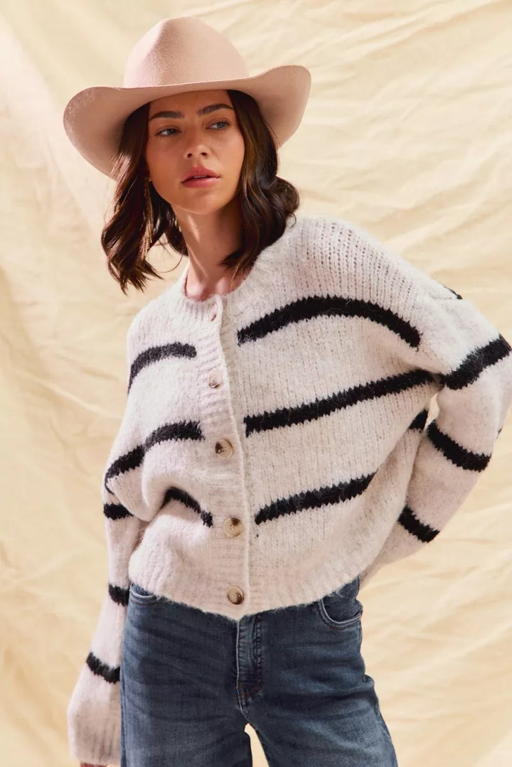 So Me Stripe Soft Touch Button Cozy Sweater Cardigan