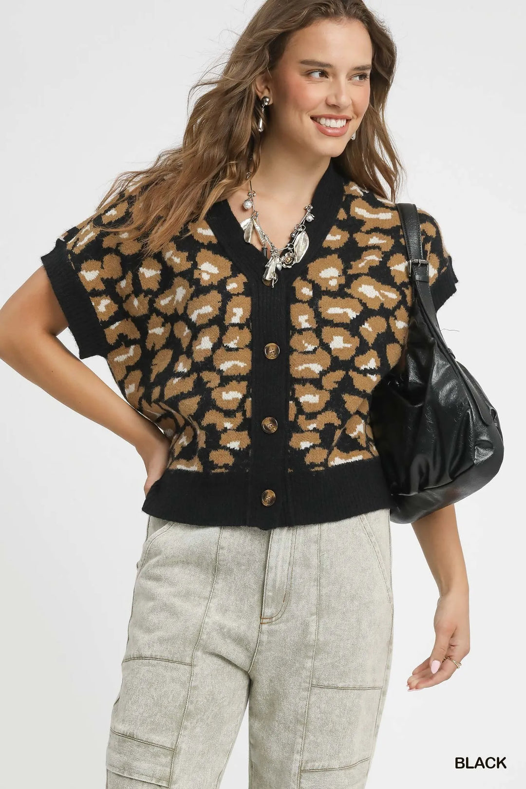 Black Umgee Leopard Button Down Short Sleeve Cardigan 1