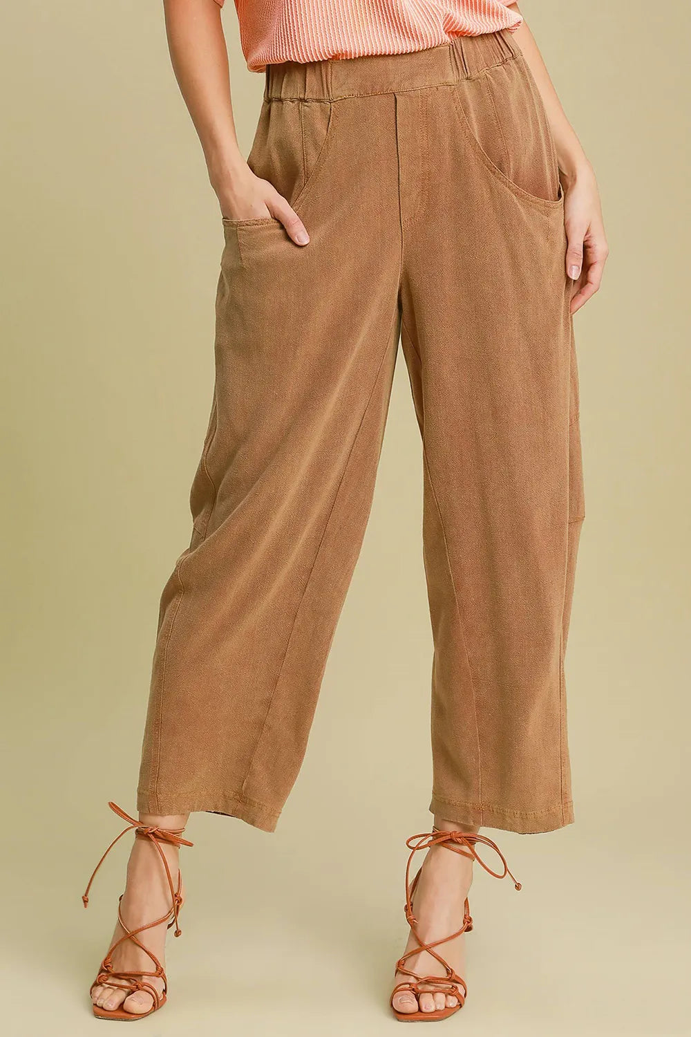 Caramel Umgee Elastic Waist Baggy Fit Pants With Pockets 1