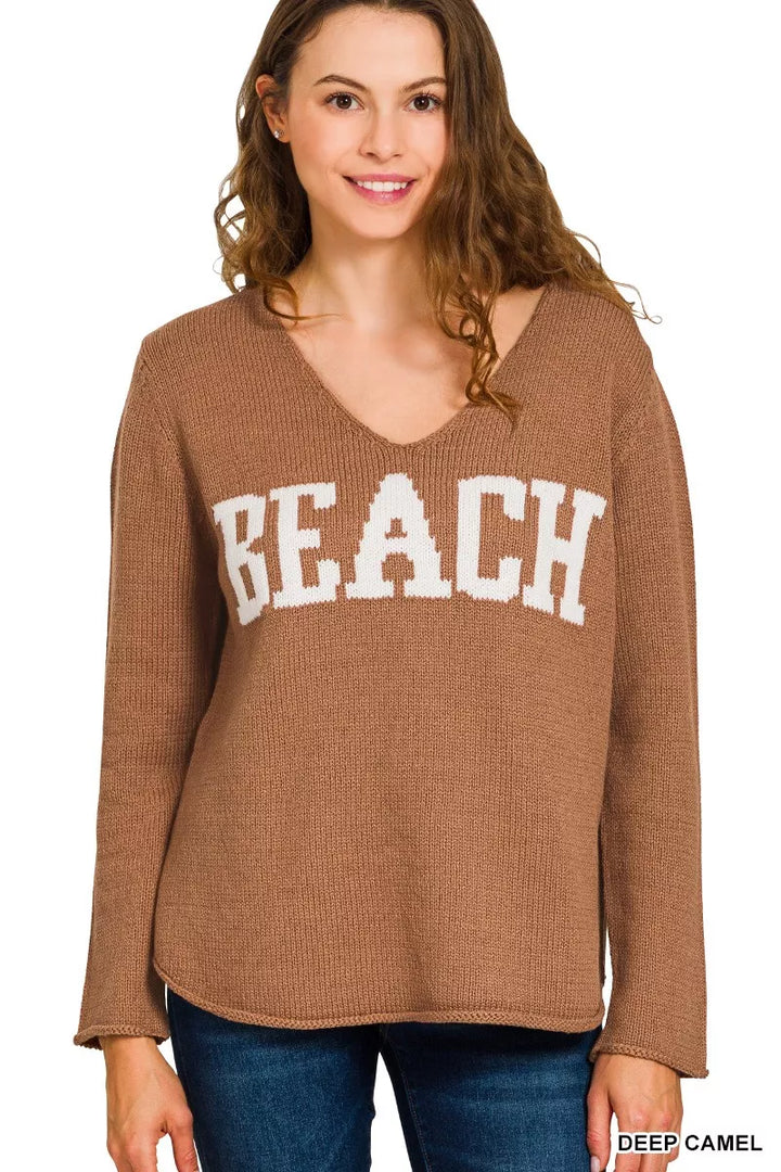 Deep Camel Zenana Beach V Neck Sweater 1