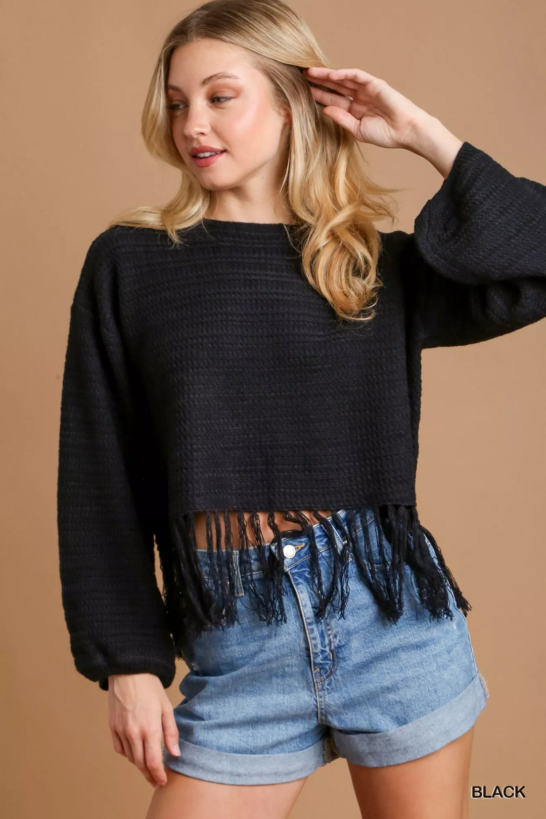 Black Umgee Crochet Knit Crop Top With Frey Hem