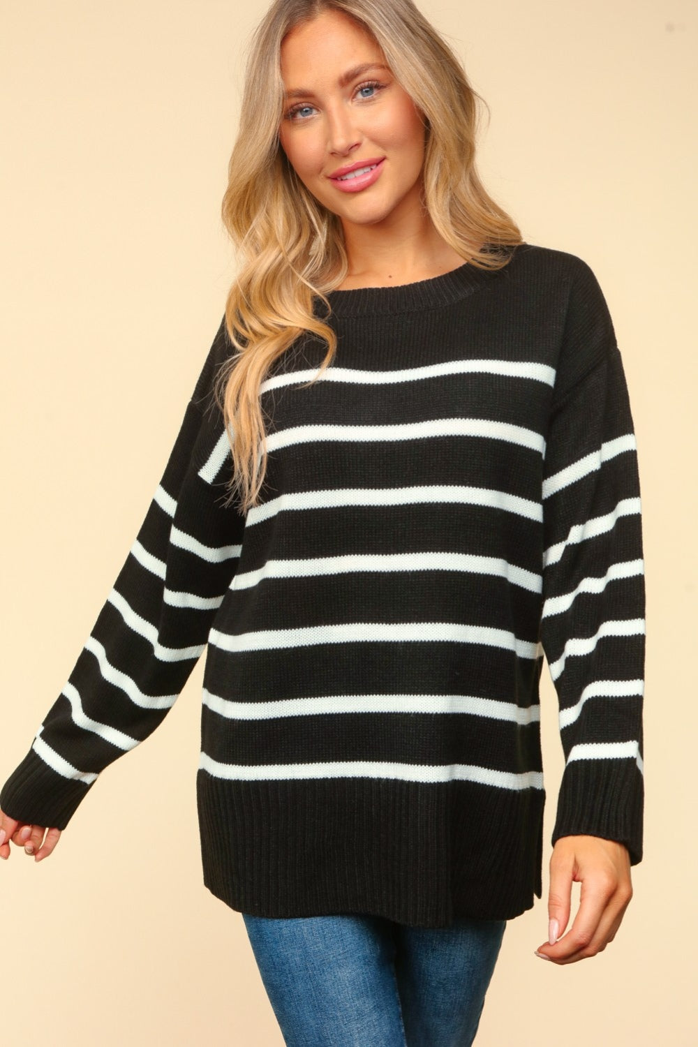 Black Haptics Full Size Striped Contrast Side Slit Sweater