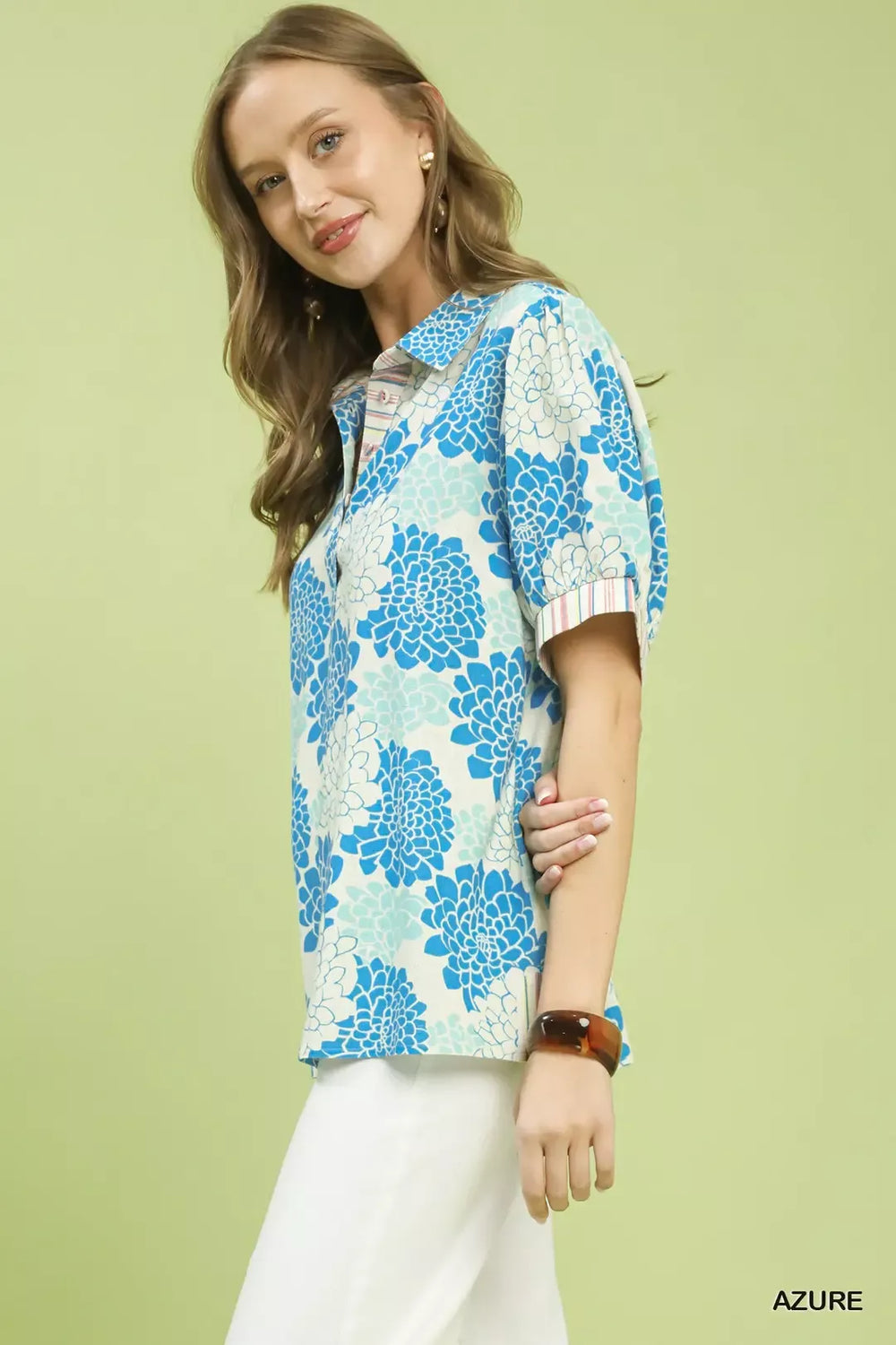 Azure Umgee Floral Collared Short Sleeve Blouse 1
