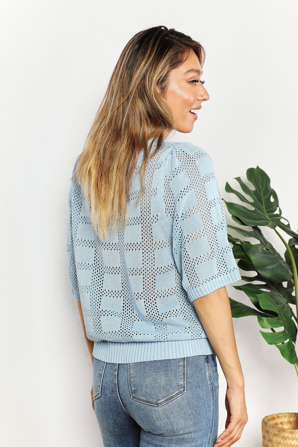 Light Blue Mandy Ribbed Trim Round Neck Knit Top