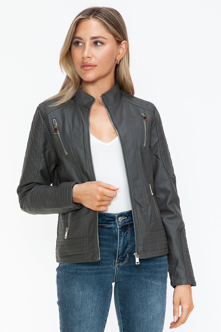 Charcoal Snobbish Faux Leather Zip Up Mock Neck Jacket