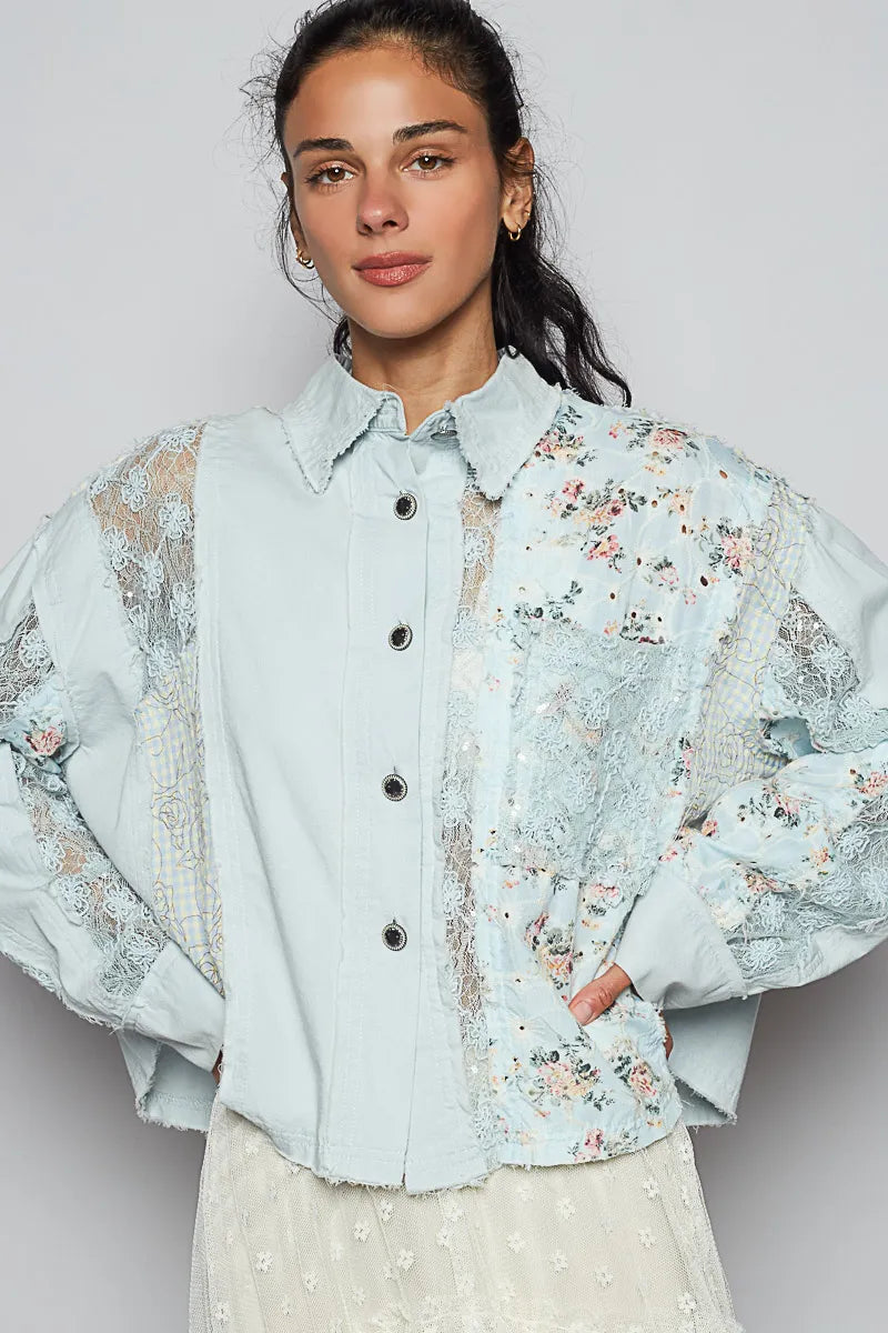 Pastel  Blue Pol Floral Long Sleeve Shirt With Lace Panel Details