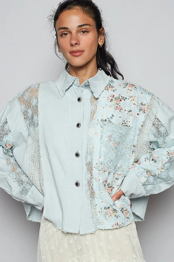 Pastel  Blue Pol Floral Long Sleeve Shirt With Lace Panel Details