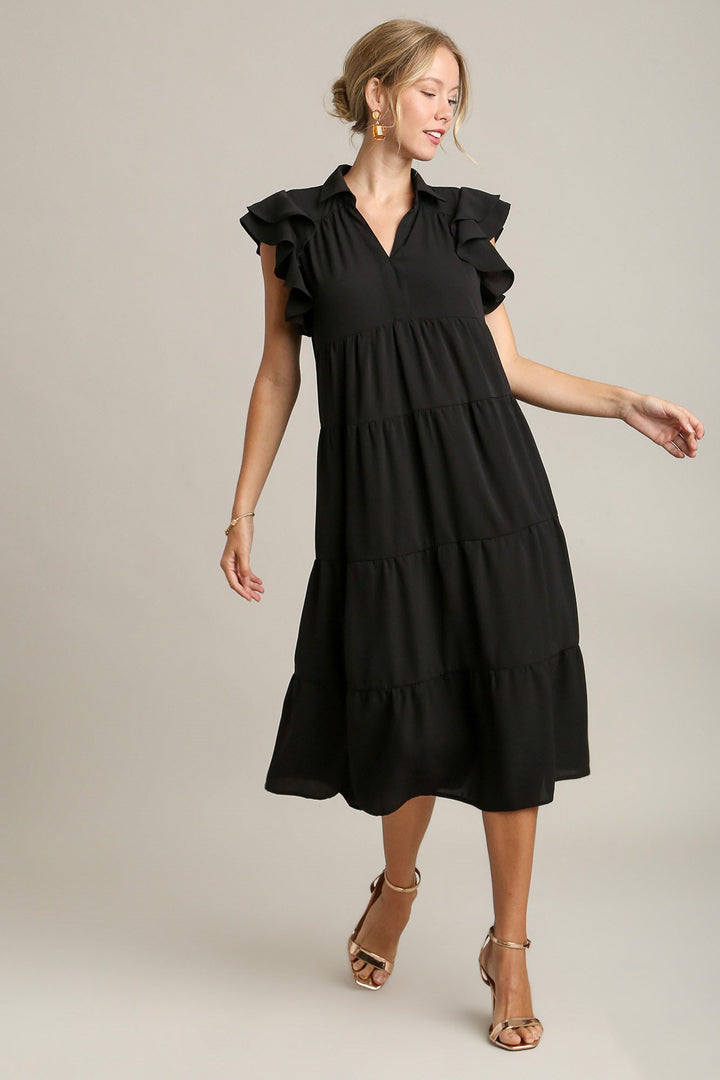 Black Umgee Full Size Johnny Collar Ruffle Cap Sleeve Tiered Dress Plus Size