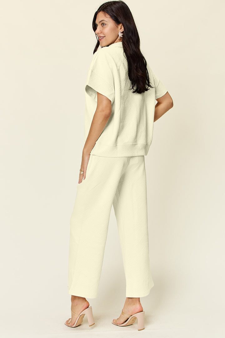 Dust Storm Double Take Full Size Texture Half Zip Short Sleeve Top And Pants Set