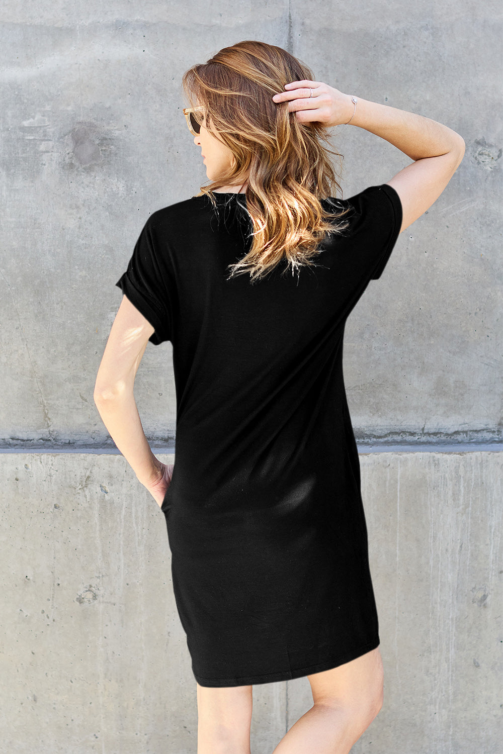 Black Basic Bae Bamboo Full Size Round Neck Short Sleeve Dress With Pockets