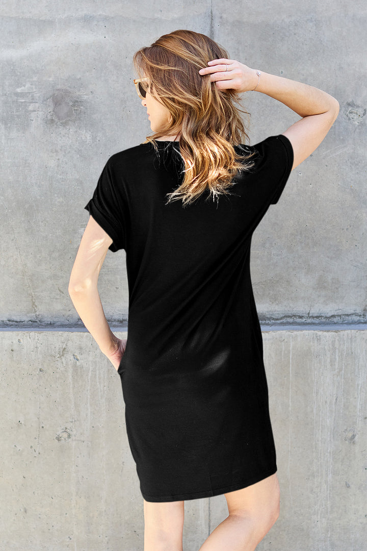 Black Basic Bae Bamboo Full Size Round Neck Short Sleeve Dress With Pockets