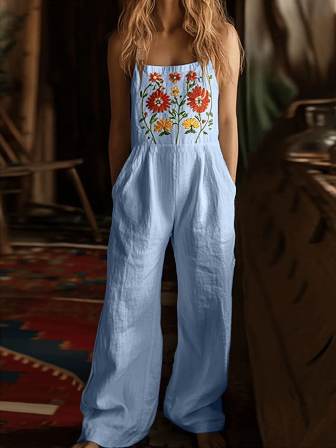 Light Blue Floral Embroidered Wide Leg Jumpsuit