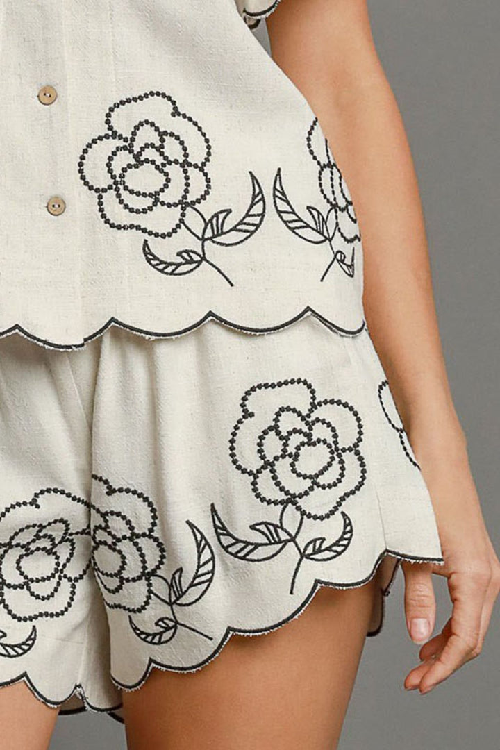 Oatmeal Umgee Full Size Linen Blend Shorts With Floral Embroidered Details Plus Size
