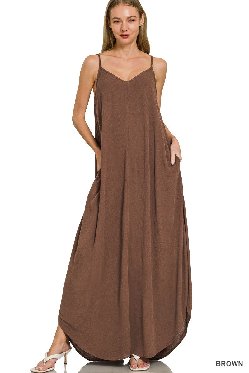 Brown Zenana Woven Crinkle Cami Maxi Dress With Side Pockets 3