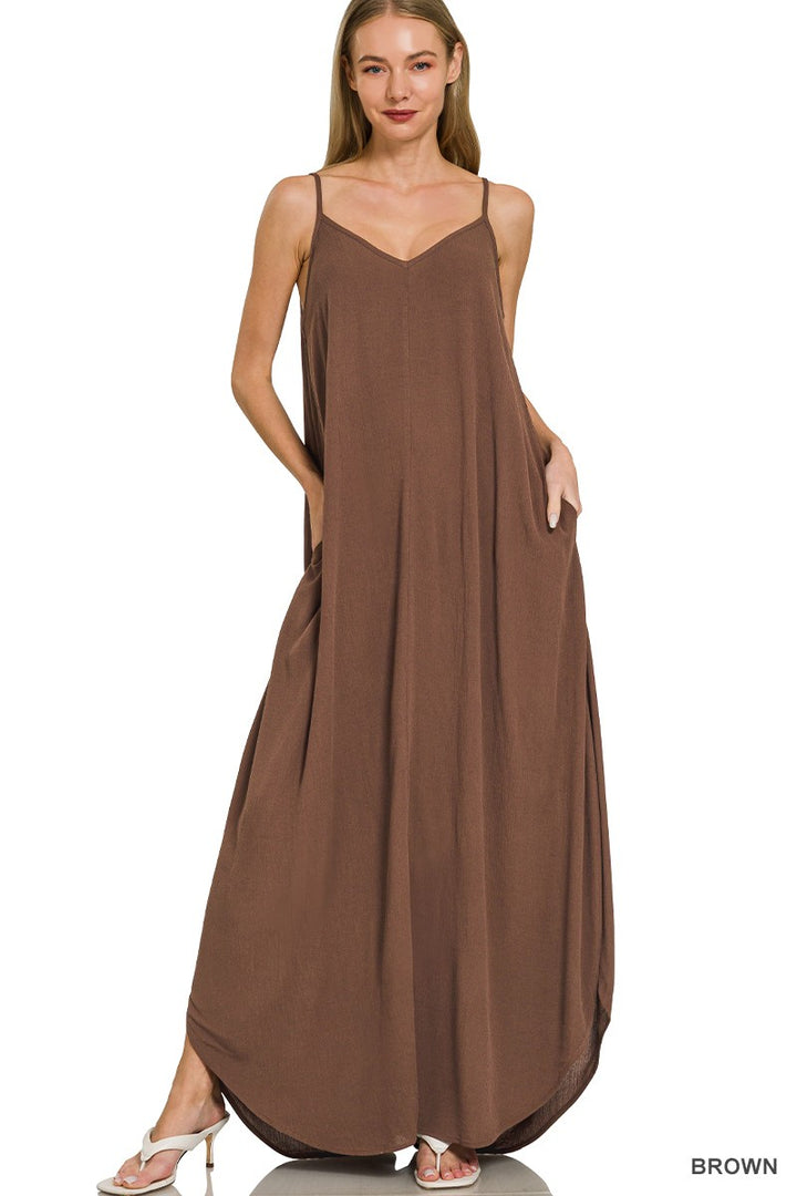 Brown Zenana Woven Crinkle Cami Maxi Dress With Side Pockets 3