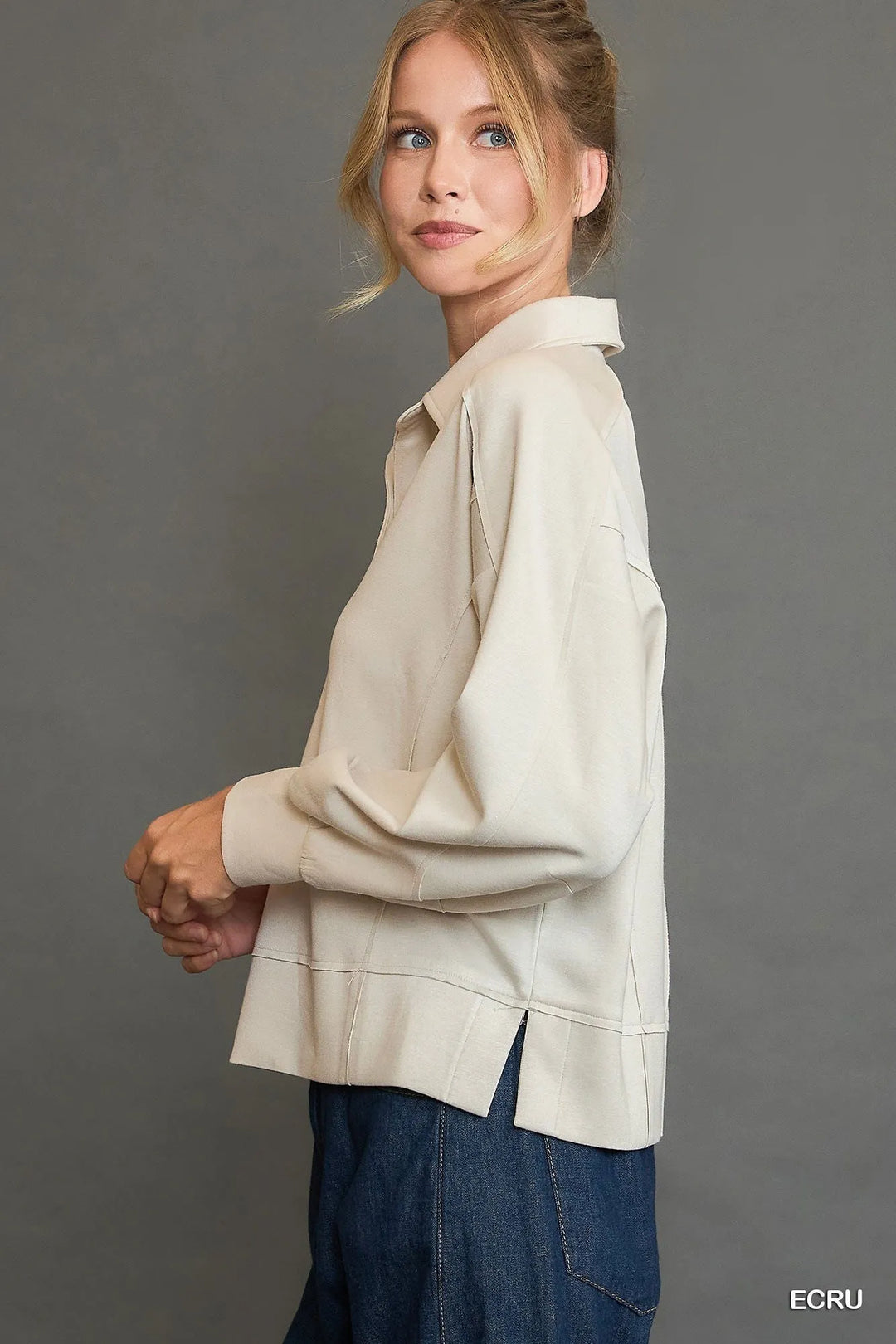 Ecru Umgee Collared Neck Long Sleeve Top With Raw Hem Detail 2